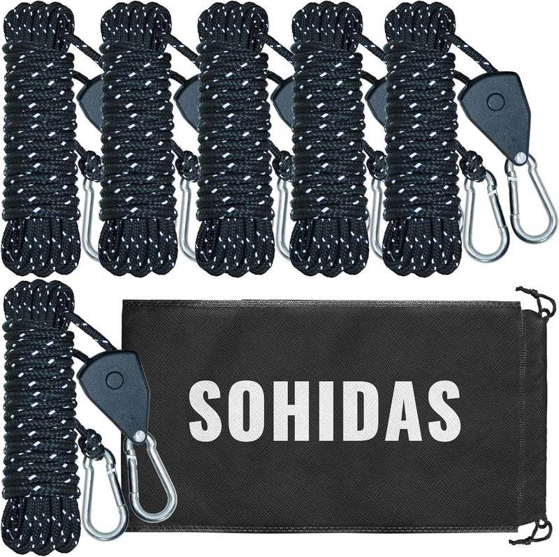 SOHIDAS Camping Rope Reflective Tent Rope Guyline with Ratchet Pulley, Tarp Tie Down Ropes for Tent Tarp, Canopy Shelter, Camping, 13ft Adjustable Guy Line for Canopy Tent 6 Pack Guy Lines Tents Cords - Image 1